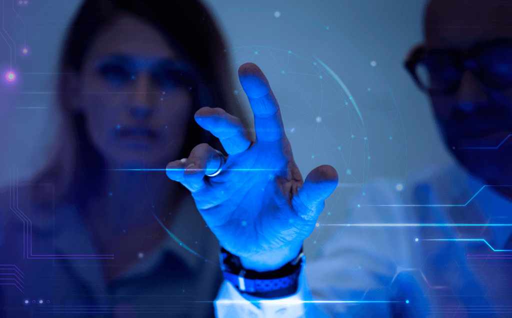 man-touching-virtual-screen-futuristic-technology-digital-remix